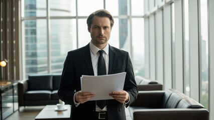 A businessman holds documents in a modern office with a city view, dressed in a suit, exuding professionalism and focus.