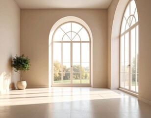 Fototapeta premium The modern, open interior of a building features a striking stone archway and a window with natural light flooding the empty room