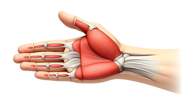 Anatomy & Physiology A hand anatomy diagram, palm open, isolated on white, displaying thenar, hypothenar, lumbrical, and interosseous muscles for hand therapy (1)