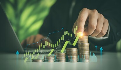 Financial growth concept with stacked coins and rising stock market graph
