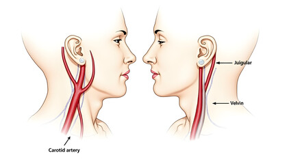 Anatomy & Physiology A labeled carotid artery and jugular vein, side-by-side, isolated on white for head and neck surgery, ultrasound training, and anatomy diagrams