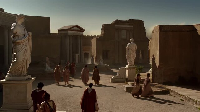 A Roman forum at midday, senators in togas debating, marble statues casting long shadows.
