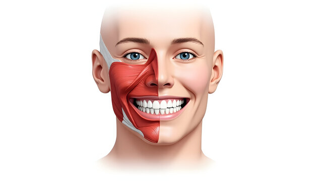 Anatomy & Physiology A lateral view of the facial muscles during a smile, isolated on white, showing zygomaticus and orbicularis oris activation (4)