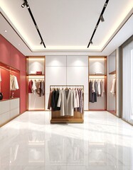 Fashion Boutique Interior with Clothing Rack and Bright Marble Floor