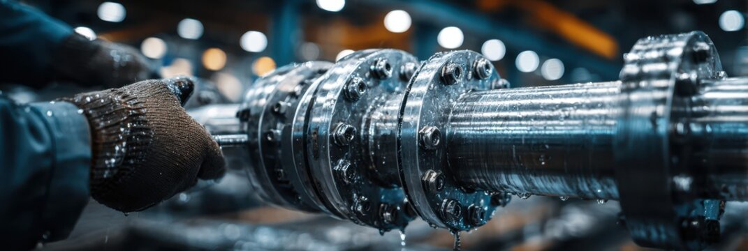 Worker tightening metallic pipe fittings in an industrial setting during a maintenance operation