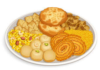 Diwali Snacks Thali. Besan Laddoo, Chakli, Sev, Bakarwadi, Mathri, Namak Paray and Chivda. Festival Sweet and Savory Appetizers