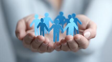 A pair of hands gently holding a collection of blue paper cutout figures representing unity, support, and community in a caring gesture.