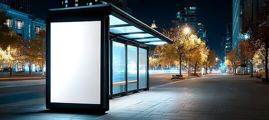 Illuminated Billboard at Urban Bus Stop at Night, Ideal for Advertising and Marketing Campaigns
