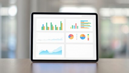 A digital tablet displaying various colorful data charts and graphs on a blurred background.