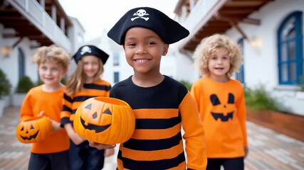 Kids in Halloween costumes trick or treat together in festive courtyard. Smiling boy holding pumpkin surrounded by friends. Concept of celebration, community events, family activities