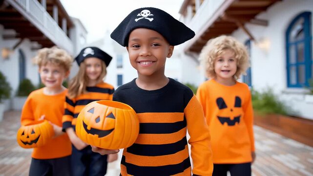Kids in Halloween costumes trick or treat together in festive courtyard. Smiling boy holding pumpkin surrounded by friends. Concept of celebration, community events, family activities