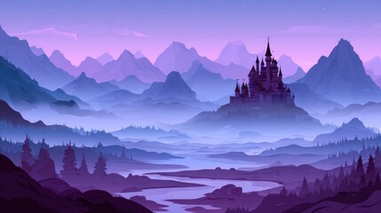 Mountain castle panorama in purple hues; fog-filled valley, river below