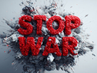 Red inscription stop war on a gray explosion background