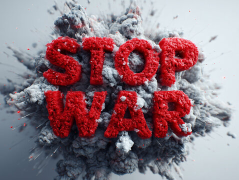 Red inscription stop war on a gray explosion background
