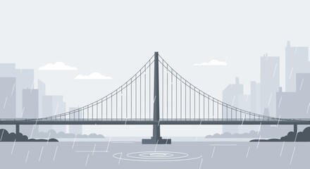 Fototapeta premium Dramatic Suspension Bridge Over Water In Gray Hues During A Rainy Day