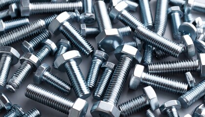 Scattered collection of metal bolts and hexagonal nuts in various sizes and lengths on a white surface