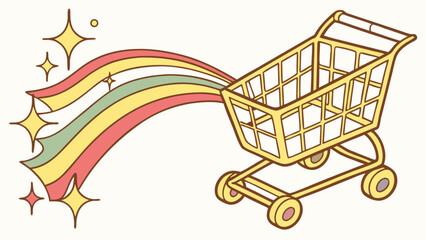 Retro shopping cart with rainbow and stars illustration for online retail and grocery store promotion