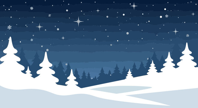 Enchanting Winter Scenery With Snow Covered Trees Against Starry Night