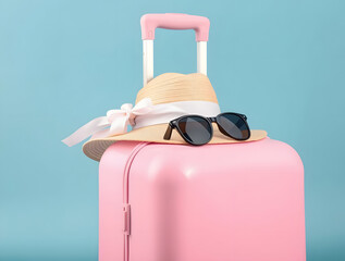 straw hat with white ribbon on the pink suitcase, isolated on a blue background