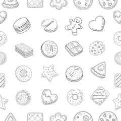 Cookies and biscuits doodle set. Chocolate Chip Cookies doodle seamless pattern. Collection of hand-drawn pastries. Cute cookie seamless pattern background. biscuits pattern background. 