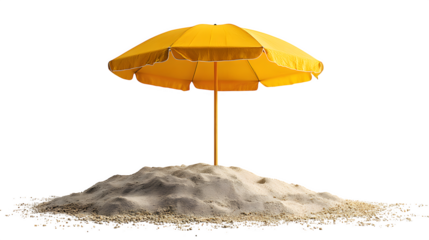 Open beach umbrella with sand sticking to the base, isolated on white background