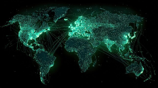 Global Network Connectivity: World Map with Glowing Connections