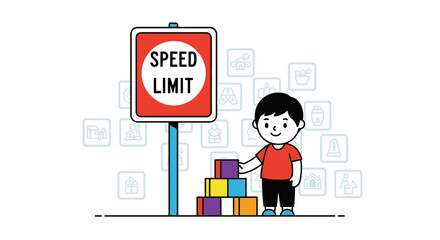 Obraz premium Exceeding The Speed Limit: Childish Play And Block Stacking Near The Sign