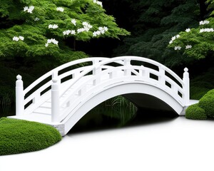 A pristine white arched bridge spans a tranquil pond in a lush garden