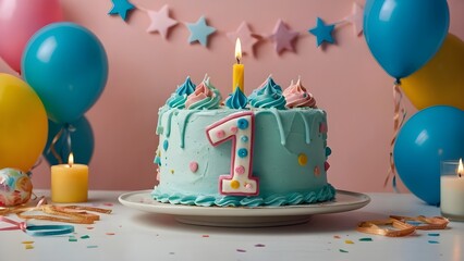 Happy birthday cake with soft pastel frosting and cute decorations large candle shaped like number 1 on to pink background,
