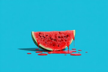 A vibrant slice of watermelon, dripping with its juice, rests on a vibrant blue background
