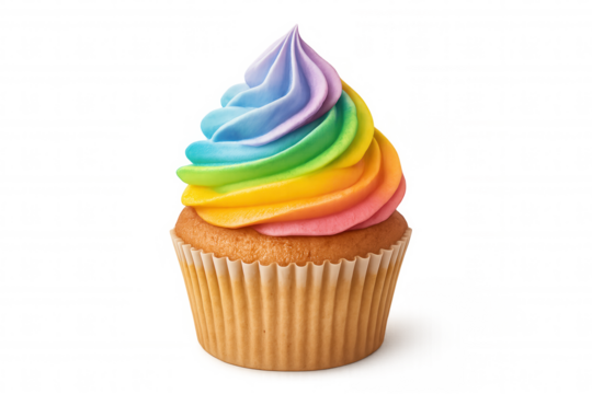 Rainbow cupcake featuring multicolored frosting swirls, delivering celebratory sweetness with vivid decorative design, positioned against transparent backdrop