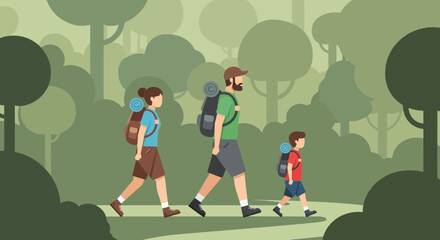 Family adventure in nature: An illustration of a family hiking through a green forest on a sunny day, creating memories