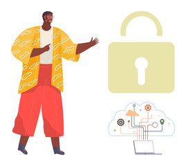 Person gesturing near large padlock and cloud computing display with connected icons and laptop. Ideal for cybersecurity, cloud storage, online safety, data protection, networking, technology, secure