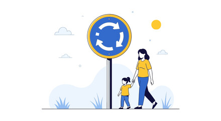 Naklejka premium Family Safety Awareness Mother and Child Near Roundabout Signage Illustration