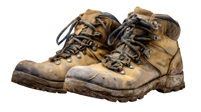Pair of well-worn hiking boots with visible dirt and grass, isolated on white background