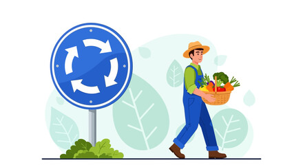 Farmer With Fresh Produce Walking Near Roundabout Road Sign Illustration