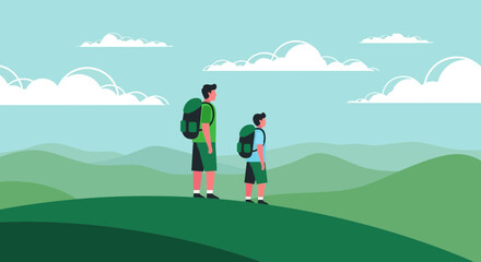 Obraz premium Father And Son Hiking On Scenic Mountain Trail During Summer Vacation