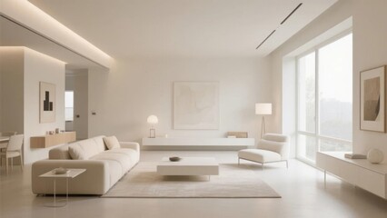 Modern minimalist living room with white furniture and large windows