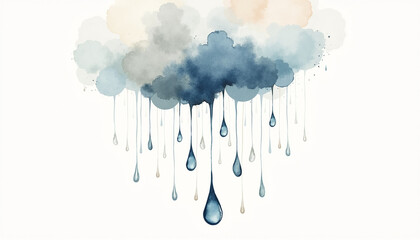 Watercolor raindrop falling from cloud, symbol of nature and renewal