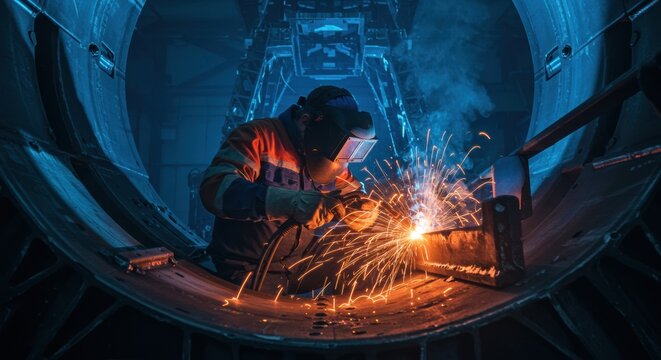 Welding action in industrial setting workshop photography dark environment close-up view skilled craftsmanship