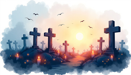 Candlelit cemetery at sunset illustration, Dia de los Muertos tradition and remembrance