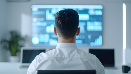Rear view of a man in a white shirt observing a large digital screen displaying various data visualizations in a modern office.