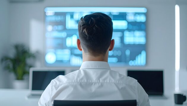 Rear view of a man in a white shirt observing a large digital screen displaying various data visualizations in a modern office.