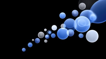 Abstract composition of blue and white floating spheres on a dark background.