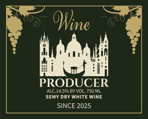 Wine label with cityscape of Venice, Italy. Silhouette of  town architecture and gondola on the river. Logo, menu for restaurant, cafe, packaging. Chocolate. Tourist postcard. Language school. © paseven