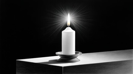 A glowing white candle on a geometric pedestal against a dark background.
