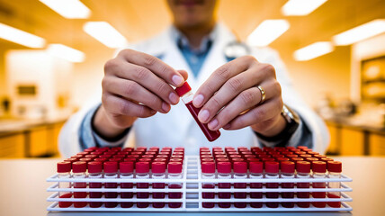 A scientist wearing white gloves and a lab coat is carefully placing a blood sample vial into a rack in a medical laboratory