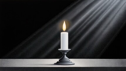 A serene candle flickers in soft light against a dark background.