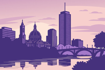 Obraz premium Boston skyline at twilight with the Charles River still and reflective, framed by historic buildings and evening sky gradients, modern flat illustration style.