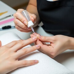 Woman applying nail treatment in a salon.